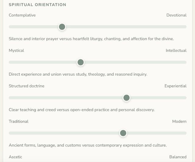 Spiritual orientation preference sliders